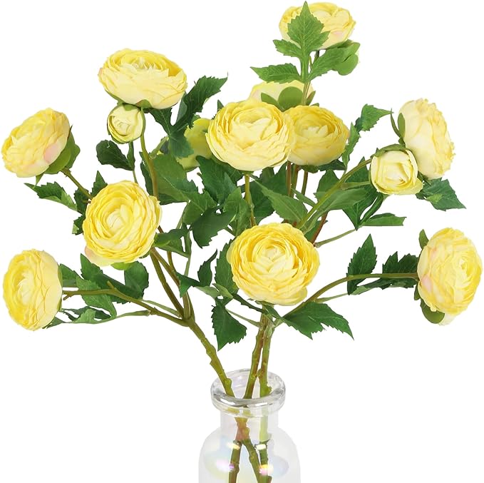 Yellow Ranunculus Artificial Flowers,3PCS 18 Heads Realistic Fake Peonies Faux Silk Ranunculus Flowers with Stems for Centerpieces Arrangements Wedding Party Home Decoration(Yellow)
