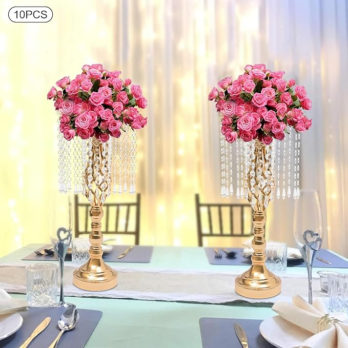 Vase | Bud Vases |10PCS Gold Crystal Flower Stands | Elegant Centerpiece for Weddings & Events | for Wedding Table Centerpieces, Aisle Guides, Party Decorations (Gold)
