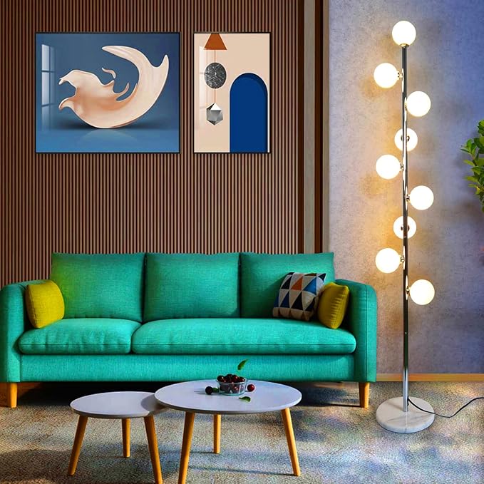 Hsyile Modern Creative Floor Lamp for Living Room,Bedroom,Office,Globe High Pole Standing Lamp, Tree Lamp Chrome Finish,9 Bulbs Included