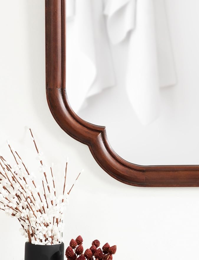 Kate and Laurel Glenby Traditional Scalloped Wall Mirror, 24 x 36, Walnut Brown, Wooden Farmhouse Bathroom Mirror with Rounded and Stepped Frame Profile