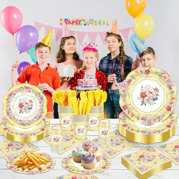 140Pcs Tea Party Decorations Tableware Set Floral Plates and Napkins for Birthday Party, Baby Showers, Bridal Showers, Wedding Bachelorette Party Supplies Floral Tea Party Plates, Serves 20 (Yellow)