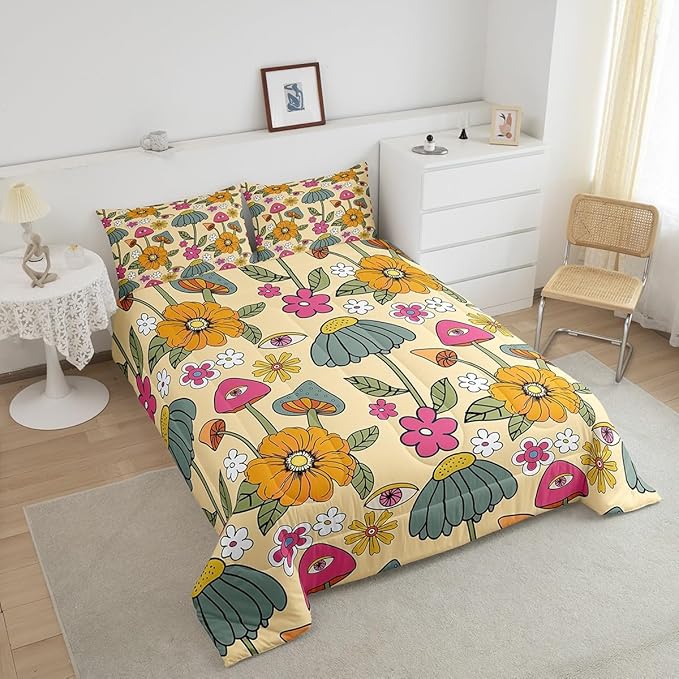 Castle Fairy 70s Retro Floral Queen Size Comforter Set,Hippie Flowers Leaves Bedding Set with 2 Pillowcases,Cartoon Eyes Mushroom Breathable Durable Polyester Bedding Set