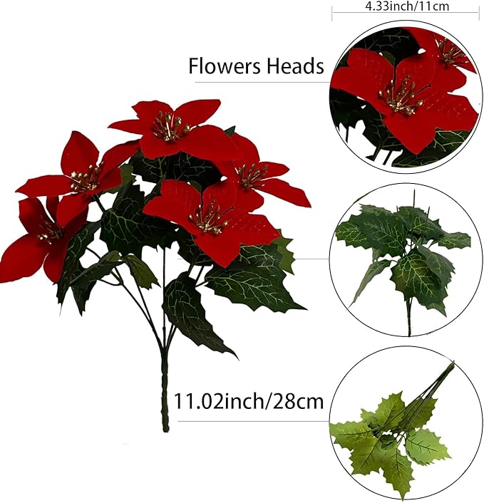 8 Pack 5 Heads Christmas Artificial Poinsettia Flowers Faux Poinsettia Bush Bouquets Silk Poinsettia Christmas Tree Ornaments Poinsettia Flower Arrangement for Home Decor