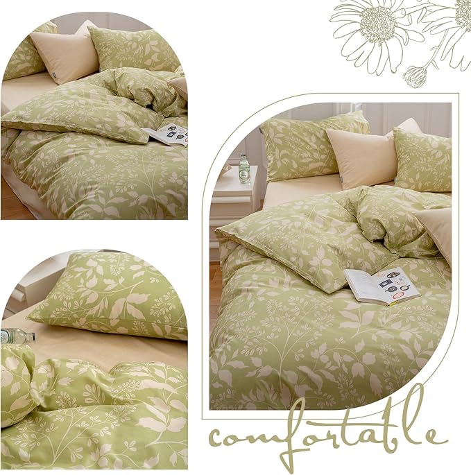 EAVD Garden Style Duvet Cover King Soft 100% Cotton Chic Shabby Botanical Pattern Print Sage Green Bedding Set with 2 Pillowcases Fresh Floral Comforter Cover Set