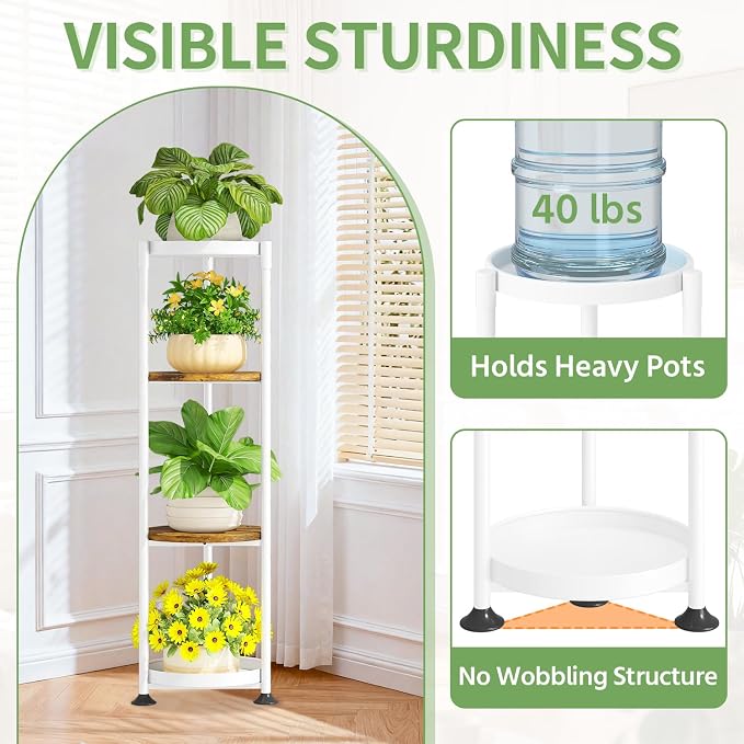 KMOTASUO 4 Tier White Plant Stand Indoor for Large Tall Heavy Duty Planter, Multiple Sturdy Metal Flower Corner Rack for Narrow House Floor, Iron Vertical Level Round Orchi Holder Organizer, Modern