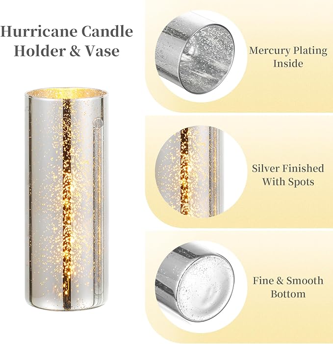 Glass Cylinder Vases Set of 2, Hewory Glittery Silver Vase for Centerpieces, Glass Hurricane Candle Holders for Pillar Floating Candle, Tall Round Vase for Wedding Anniversary Events Home Table Decor