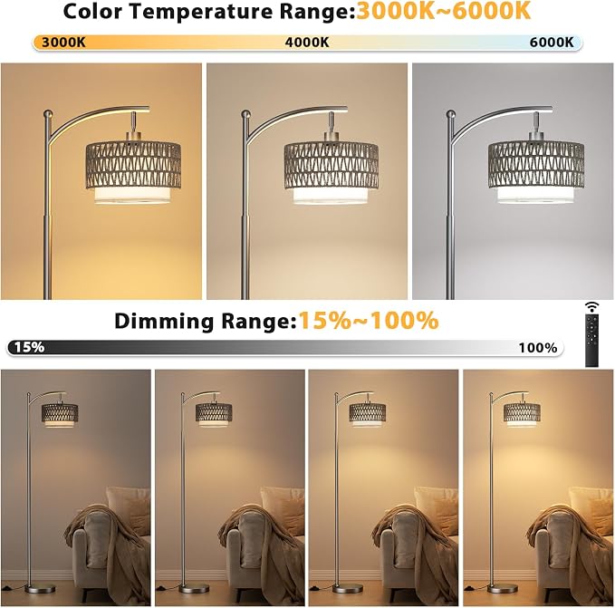 Ambimall Arc Floor Lamp for Living Room with Remote, Color Temperature & Brightness Adjustable, Boho Standing Lamp with Rattan & Fabric Double Drum Shades, Bulb Included(Deep Gray)