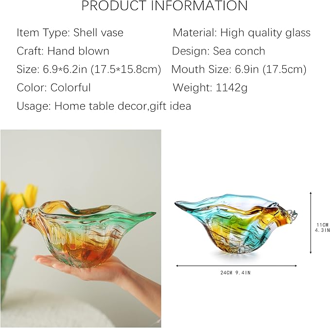 9inch Blown Glass Shell Vase,Handmade Seashell Potpourri Holder Art Glass Conch Seashell Figurine Collectibles Unique Conch Bowl for Home Decor Gift,Colorful