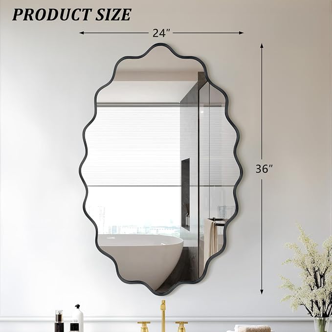 Oval Wavy Wall Mirror -Irregular Wall Mirror with Black Asymmetrical Aluminum Alloy Frame,22"x30" Decorative Wall Mirrors for Bathroom, Bedroom, Living Room, Dining Room，Entryway