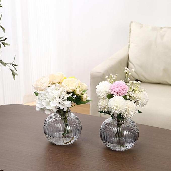 Round Glass Vases, Set of 2 Small Vases for Flowers, Black Glass Vase for Tulips, Modern Vase for Living Room, Office, Coffee Table, Shelf, Wedding, 5 Inches