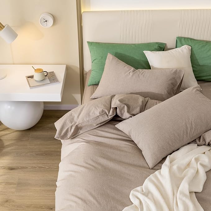 JIYUAN 100% Washed Cotton Duvet Cover Set Comfy Simple Style Soft Breathable Textured Durable Linen Feel Bedding for All Seasons Queen, Taupey