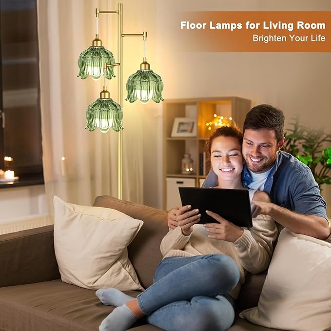 ZECOXOL Vintage Floor Lamps for Living Room Bedroom-3 Light Glass Floor Lamp with Three Led Bulb, Modern Mid Century Standing Lamp Brass Tall Lamp Gold Tree Floor Lamp for Bedroom Corner