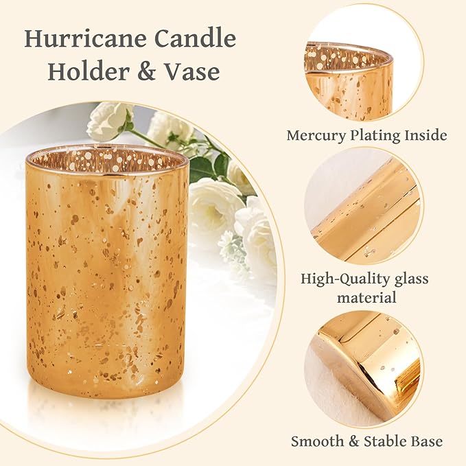 CHILL RECIPE Gold Cylinder Vases Glass Candle Holders Bulk, Mercury Hurricane Candle Holder Small Flower Vases for Centerpieces Tea Light Pillar Votive Candles Wedding Decor Party (4 Set 12Pcs)