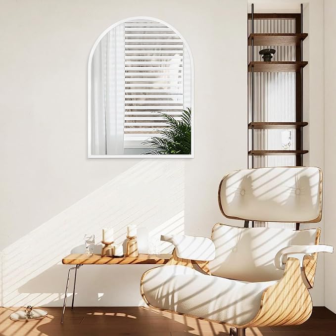 Wall Mirror Arched Metal Framed Mirrors for Wall Modern Hanging Mirror with Aluminum Frame for Bathroom Bedroom Living Room Entryway Home Decor White 28"x20"