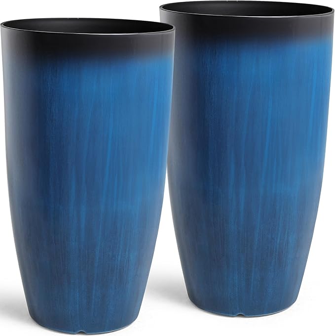 23.8" Tall Planters Large Set of 2 Plant Pots Plastic Flower Pots Outdoor Artistic Floating Cobalt Blue Glaze, UV-Protect & Lightweight PP Container for Garden, Patio, Deck, Porch, Indoor