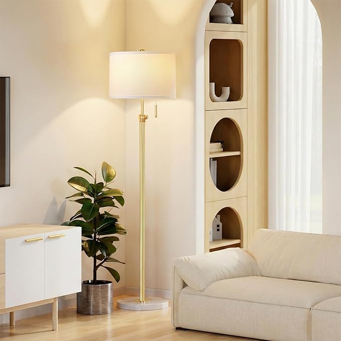 PARTPHONER Floor Lamp for Living Room, 66'' Adjustable Height Standing Lamp with Marble Base, 3-Color Tall Lamps with Pull Chain, Suitable for Bedroom, Reading, Office (Bulb Included, White Shade)