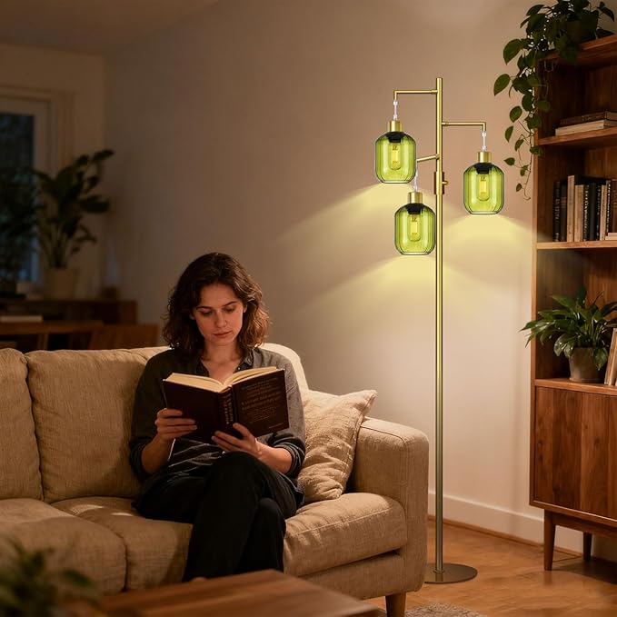 Glass Floor Lamps for Living Room, Modern Standing Lamps with Green Shade, Dimmable Green Tall Floor Lamp, Mid Century Gold 3 Lights Tall Tree Lamp with 3 LED Bulbs