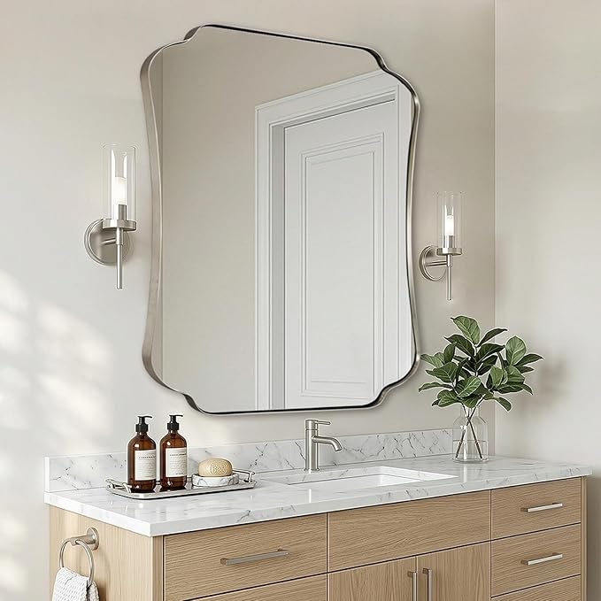 ANDY STAR Brushed Nickel Mirror 36x48 Inch, Bathroom Mirror for Wall, Large Scalloped Wall Mirror in Anti-Rust Stainless Steel Metal 1’’ Frame, Wall Mounts Horizontally or Vertically