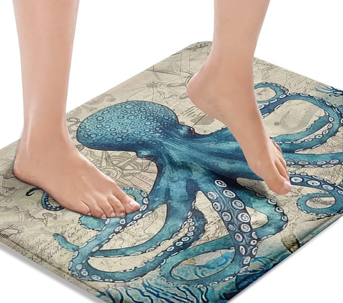 Britimes Blue Bath Mat for Bathroom Sea Theme Octopus Washable Floor Rug Carpets Floor Mat Bathroom Decorations 20x32 inches for Kitchen Bedroom Indoor