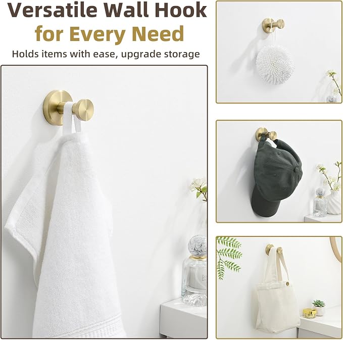APLusee Brushed Gold Single Robe Wall Hook, 304 Stainless Steel Heavy Duty 11LBS Towel Hanger, Wall Mounted Towel Hook for Bathroom Kitchen Entryway