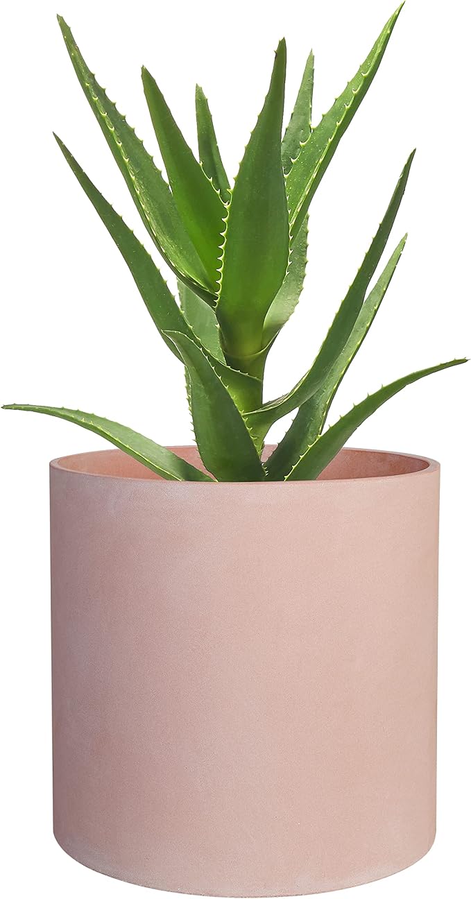 FaithLand 8 Inch Fiberstone Planter - Lightweight Modern Cylinder Plant Pot with Drainage Hole & Plug, Indoor Outdoor Use, Terracotta Color