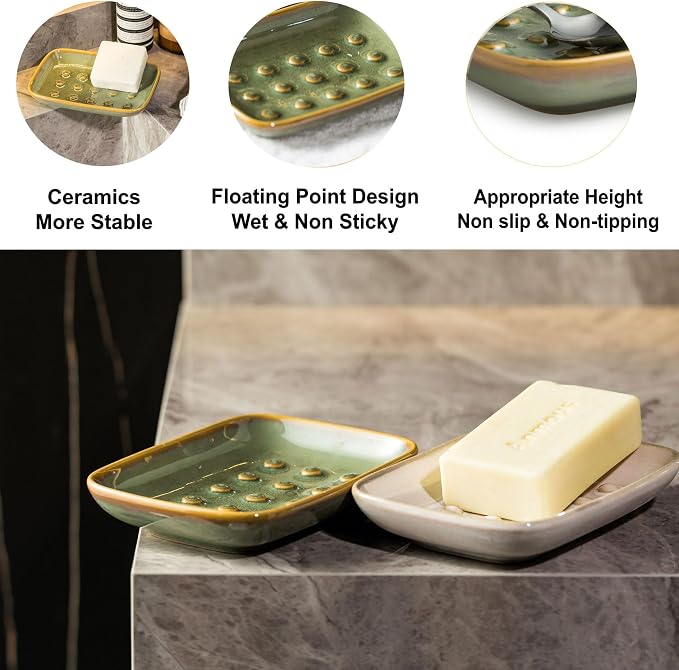 Soap Dish for Shower, Ceramic Soap Dish for Large Soap Bars, Non-Slip Soap Holder & Saver Tray with Floating Point Design for Bathroom, Shower, Kitchen Sink, Save Soap Loss