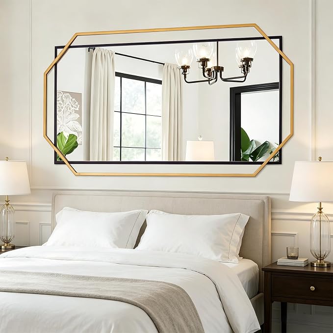 60"x30.5" Black and Gold Large Mirror for Bedroom Wall, Extra Bathroom Rectangular Mirror with Decorative Metal Octagonal Frame, for Entryway,Living Room, Dining Room