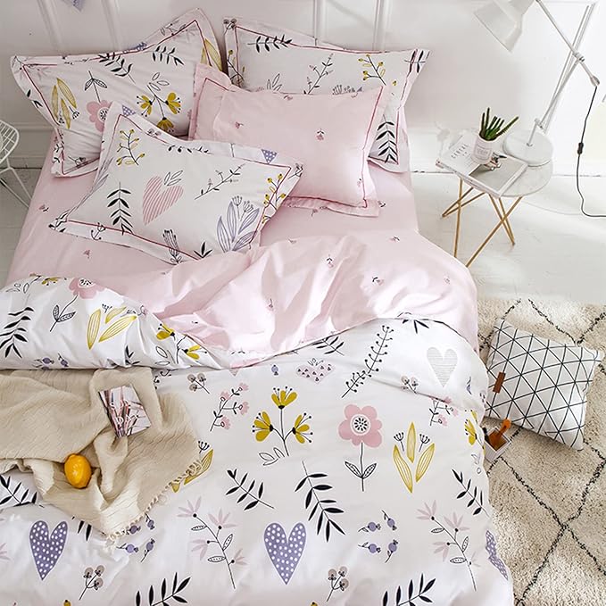 HighBuy Girls Duvet Cover King Floral Aesthetic Coquette Bedding Set White Pink Premium Cotton Teens Flower Bedding Set King Kids Comforter Cover Soft Branches Bedding Collection King Pink
