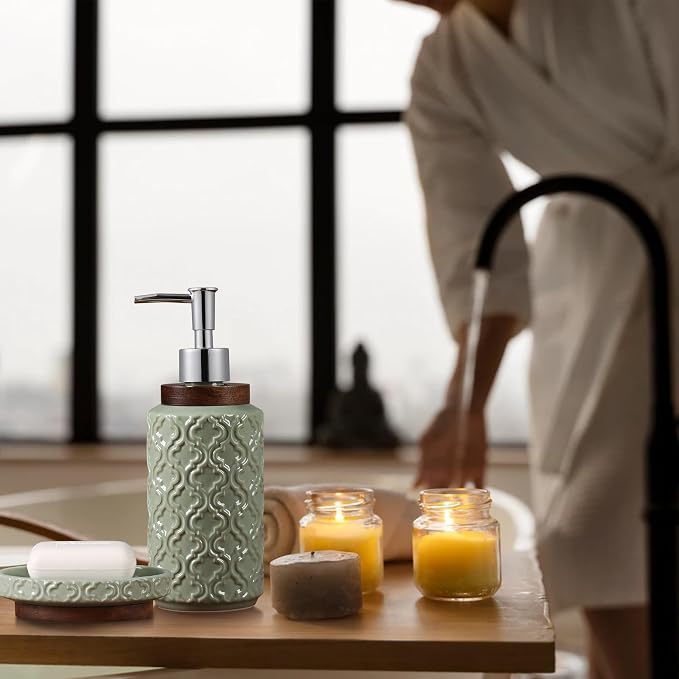 RQYIXI 4 Piece Bathroom Accessories Set, Green Ceramic Bath Accessory Set with Wood Accents, Soap Dispenser, Toothbrush Holder, Tumbler and Soap Dish, Elegant Bathroom Countertop Decor