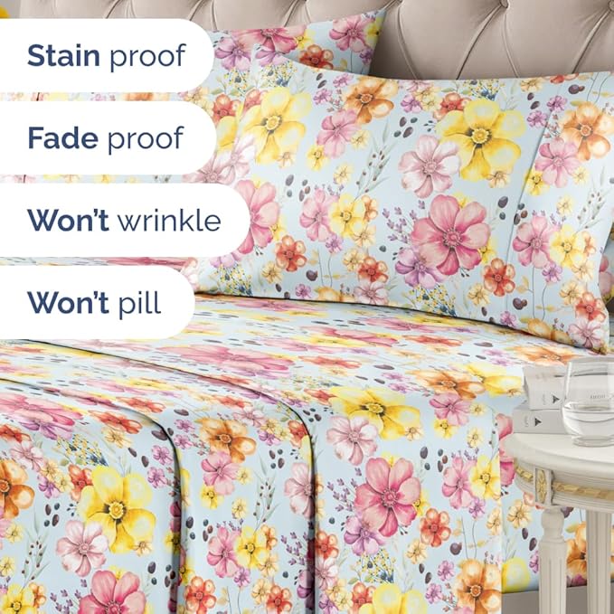 Floral Sheets - Watercolor Floral Bed Sheet Set - 1 Flat, 1 Fitted & 2 Pillowcases w/ Deep Pockets - Wrinkle & Fade Free - Boho Botanical Bedding - Ultra-Soft, Breathable and Cooling - Queen Size
