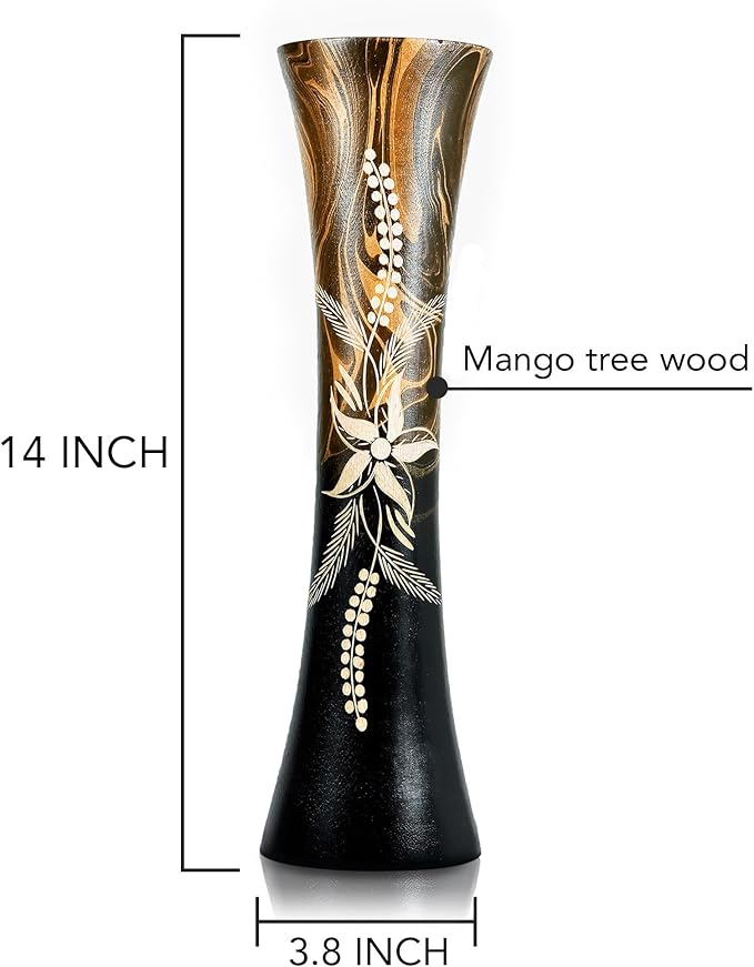 AeraVida Hand Carved Tropical Flower 14-inch Curved Cylindrical Wooden Vase Brown