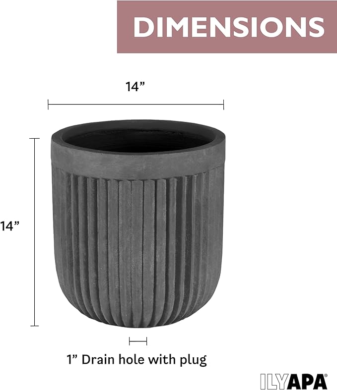 Ilyapa 14 Inch Large Fluted Modern Concrete Planter - 14x14 Inch Indoor Plant Pots with Drainage - Large Black Planters for Indoor/Outdoor Use