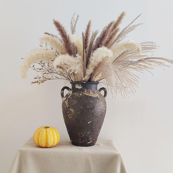 Black Pottery Vase - 10" Rustic Farmhouse vase, Vintage Weathered Terracotta Vases, Handmade Clay vases with Two Handles, Tall Textured Antique Vase for Home Decor, Entryway, Fireplace Mantel Decor