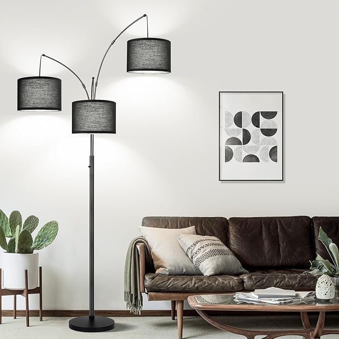 Dimmable Floor Lamp, 3 Light Arc Floor Lamp, Modern Tall Standing Tree Lamp with Black Shades & Heavy Base, 3000LM Cool White LED Bulbs, Bright Lighting for Living Room, Bedroom, Office & Reading