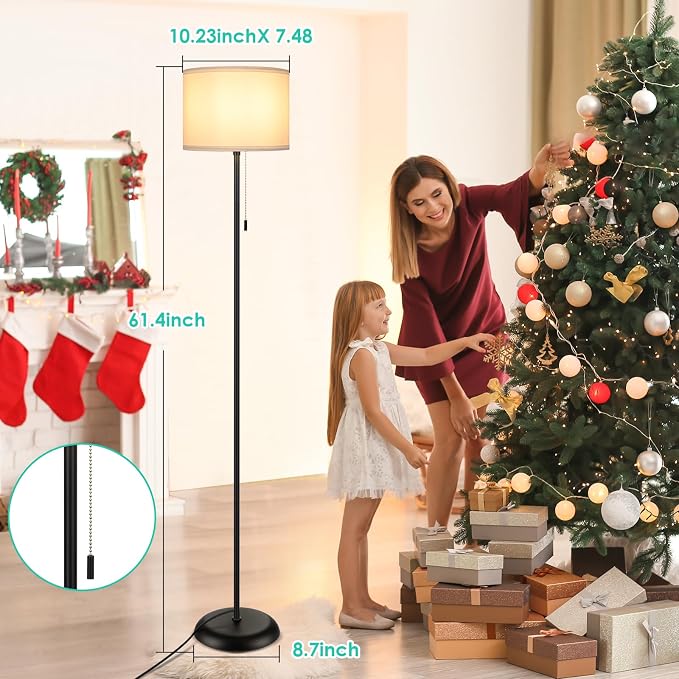 FOLKSMATE Floor Lamp for Living Room, Modern LED Simple Standing Lamps, Minimalist Tall Lamp for Bedroom, Living Room, Office, Kids Room, Reading Light, Black Pole Lamp with White Shade, Without Bulb