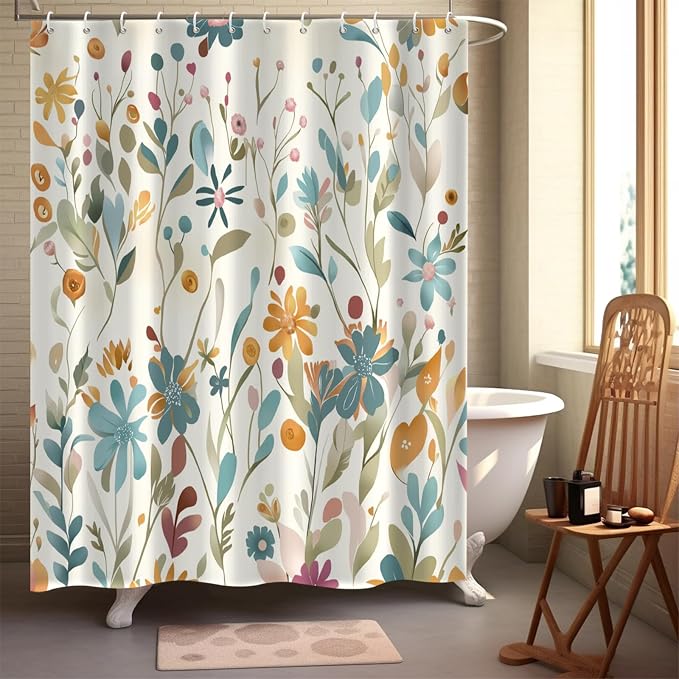 Colorful Floral Extra Long Shower Curtain, Wildflower Plant Leaves Cute Flower Spring Herbs Waterproof Fabric Machine Washable for Bathroom Bathtub Decor with Hooks 72Wx84H