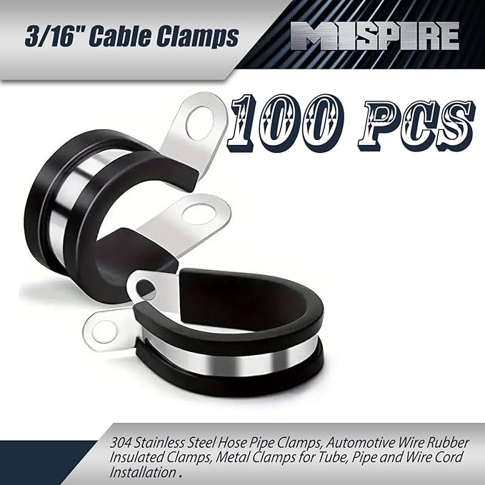 100 Pack 3/16 inch Cable Clamps, MISPIRE Stainless Steel Hose Pipe Clamps, Automotive Wire Rubber Insulated Clamps, Metal Clamps for Tube, Pipe and Wire Cord Installation