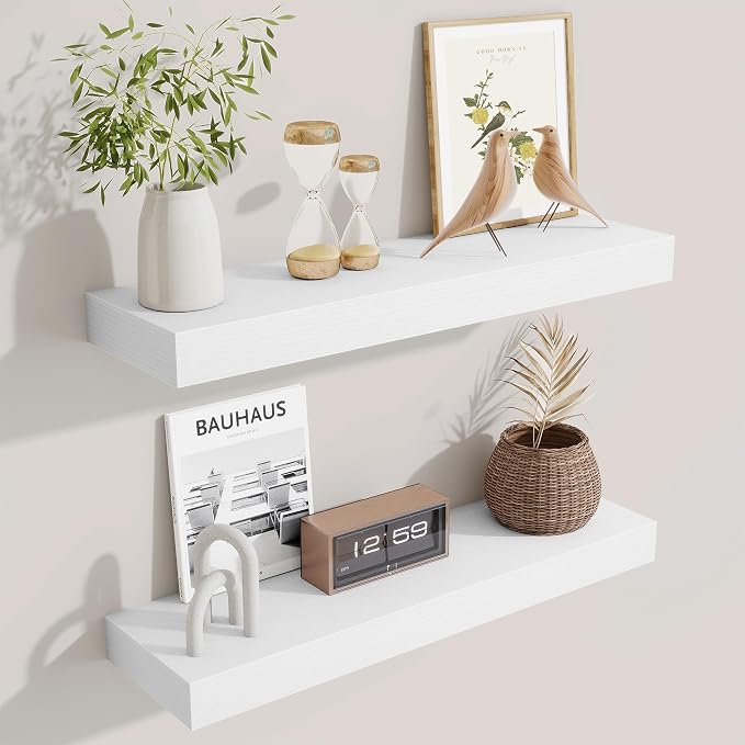 Fun Memories Floating Shelves Set of 2, 24 Inch Floating Shelves for Wall, Wood Wall Shelves with Invisible Brackets, for Bathroom, Bedroom, Living Room, Kitchen, White
