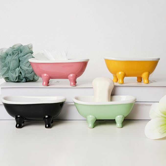 5.7" Ceramic Mini Clawfoot Bathtub Bar Soap Dish, Decorative Bar Soap Holder for Shower, Bathroom & Kitchen Sink (Bright Teal)