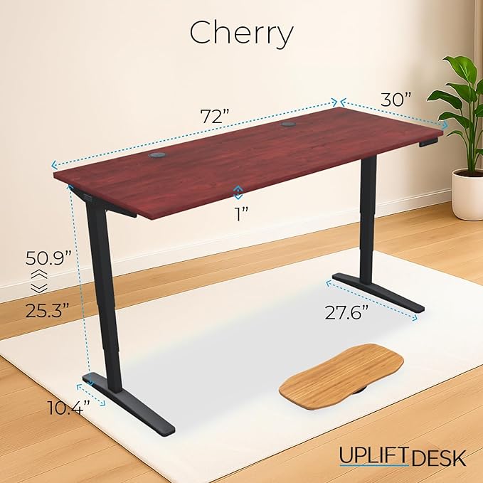 UPLIFTDESK V2 2-Leg Cherry Laminate Wood Standing Desk – Adjustable Height, Advanced 1-Touch Memory Keypad, Under Desk Cable Management, Wire Grommets & Rocker Board (Black C-Frame, 72 x 30 inch)