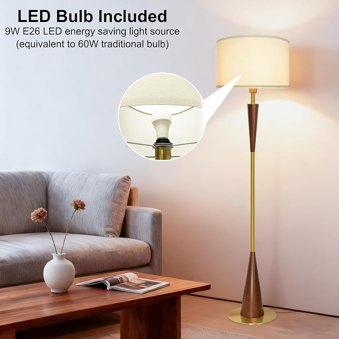 Floor Lamps for Living Room,61.5" Wood Floor Lamp,Retro Farmhouse Standing Lamp Includes 9W Bulb with 3-Color Temperature,Tall Lamp for Bedroom,Dining Room,Living Room,Corner,Bronze