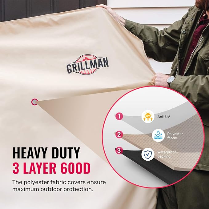 Grillman Grill Cover, BBQ Outdoor Grill Covers, Charcoal, Gas Grills, Waterproof, Rip-Proof, Weather-Resistant, Anti-UV, Barbecue Cover for Weber, Genesis, Charbroil, Nexgrill, etc (Tan, 58 Inch)