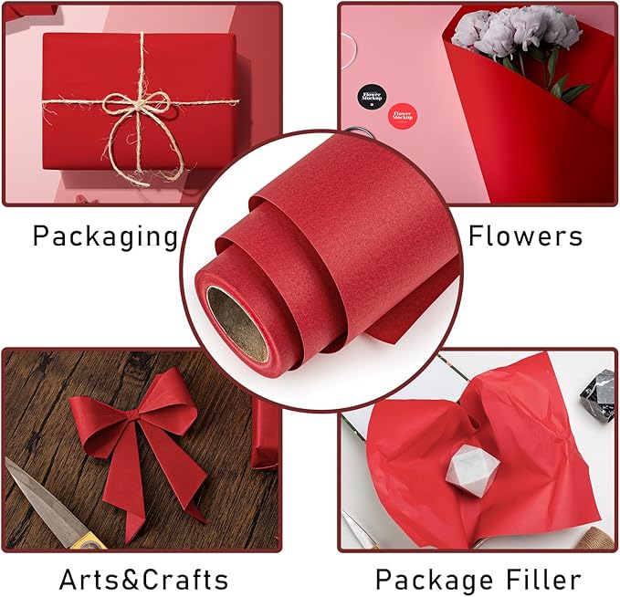 Retrify Red Kraft Paper Roll 17 Inches x 32.8 Feet - All Occasion Thick Art Wrapping Paper for Birthday Valentine's Day Gift Wrap, Bouquet Flower Table Runner Covering Crafts