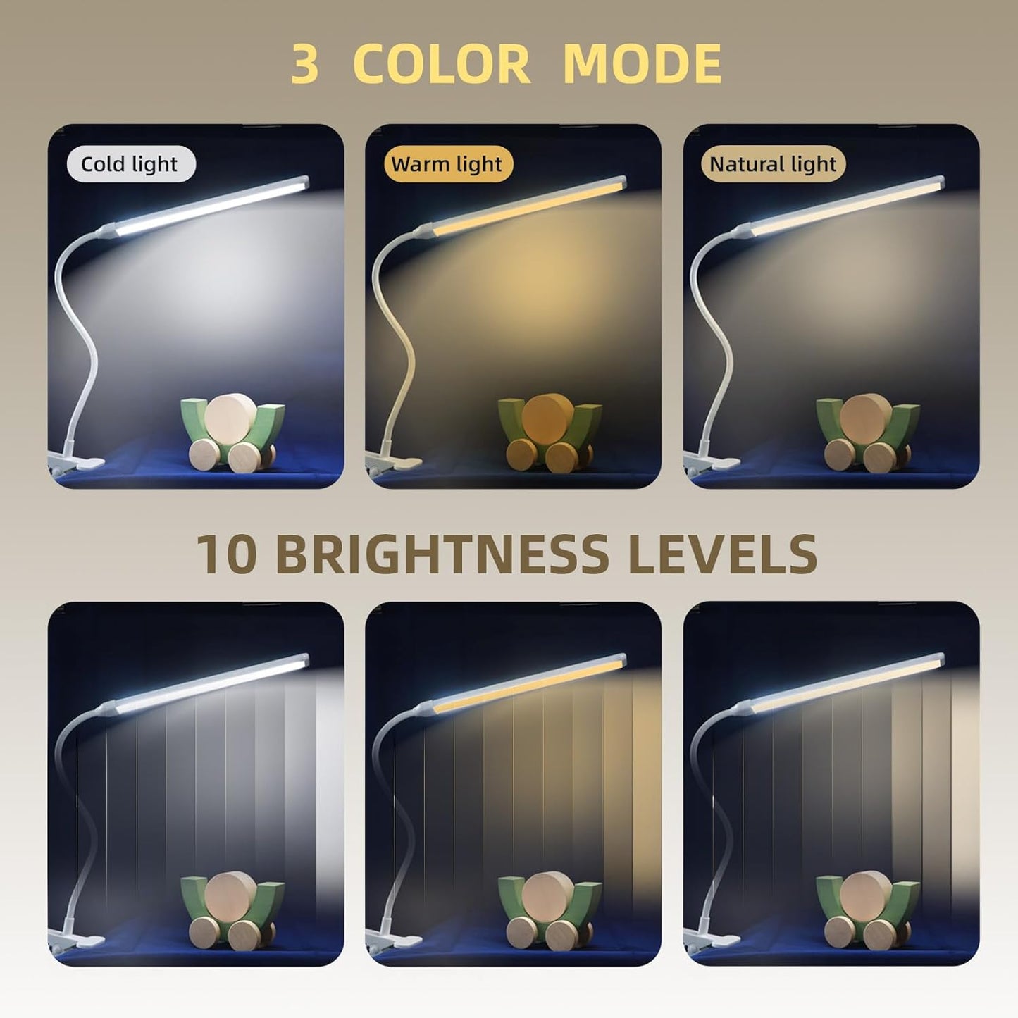 Skiennix Desk Lamp - Flexible Clamp-On Design with 3 Color Modes & 10 Brightness Levels for Kids, Crafts, and Makeup