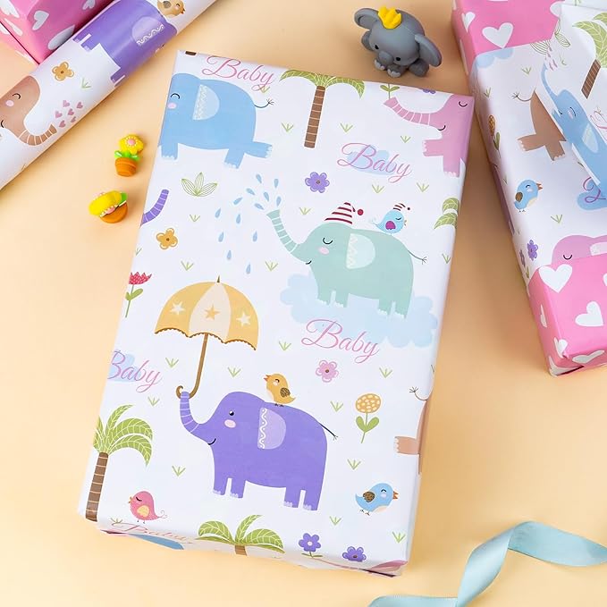 Homeral Girl Baby Shower Wrapping Paper Roll - Baby Elephant & Pink Heart Pattern, Reversible Newborn Gift Wrap for 1st Birthday, Party - Mini Roll - 17 Inch x 33 Feet