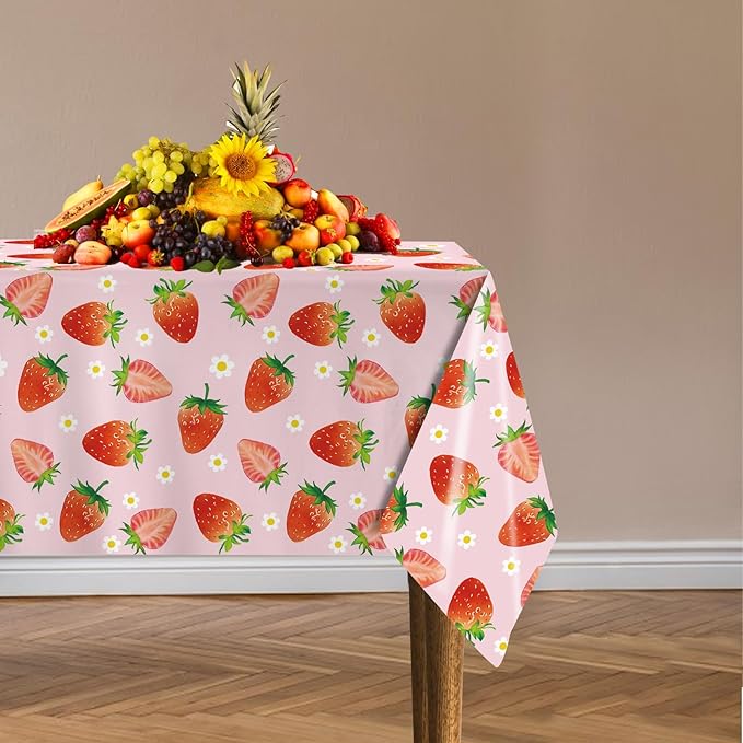 3 Pack Strawberry Tablecloths Strawberry Birthday Plastic Table Cover for Berry First Birthday Decor Baby Shower Party Decorations, 54 x 108 Inch