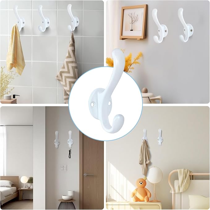 4 Pack Coat Hooks Wall Mount Heavy Duty Utility Retro Double Hooks for Hanging Coats,Hat, Towel, Key, Robe, Scarf, Bag, Cap (White)