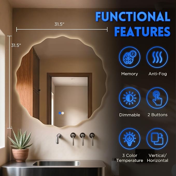 Round Led Bathroom Mirror- 32" Wavy Vanity Mirror with Lights IP54 Enhanced Anti-Fog,Single Piece 3 Colors Dimmable, Memory,Tempered Glass,UL Listed