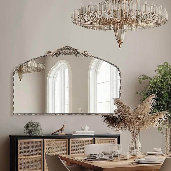 Vintage Black Arched Mirror 48"X30", Large Antique Baroque Mantel Wall Mirror with Black Brush Gold Metal Ornate Frame for Entryway/Fireplace/Living Room/Hallway/Bathroom/Bedroom