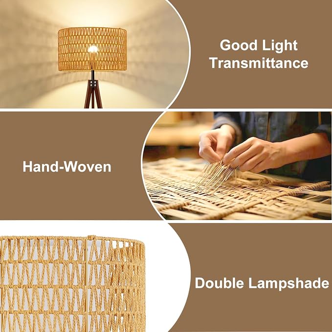Rattan Wood Floor Lamp Tripod with Shelves, Mid Century Modern Floor Lamps for Living Room, 3 Color Temperatures with Foot Switch, Boho Standing Lamp for Bedroom Decor Walnut Brown Tall Lamps